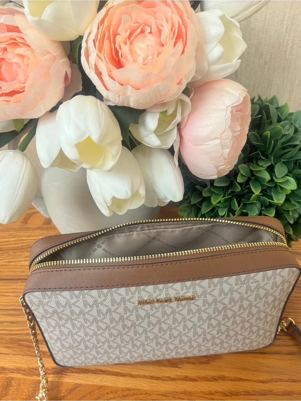 Michael Kors White and Brown Signature MK Crossbody Bag